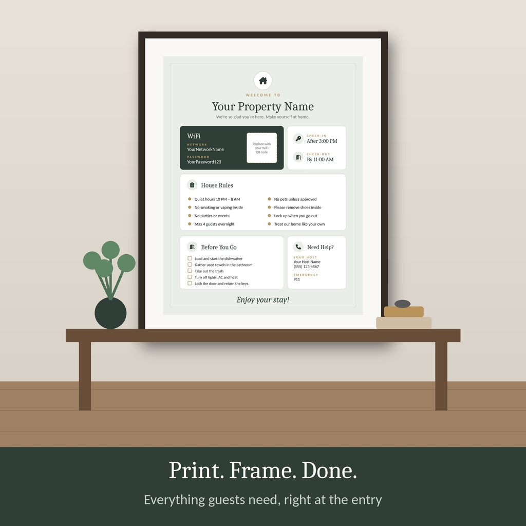 Framed vacation rental welcome sign in an entryway