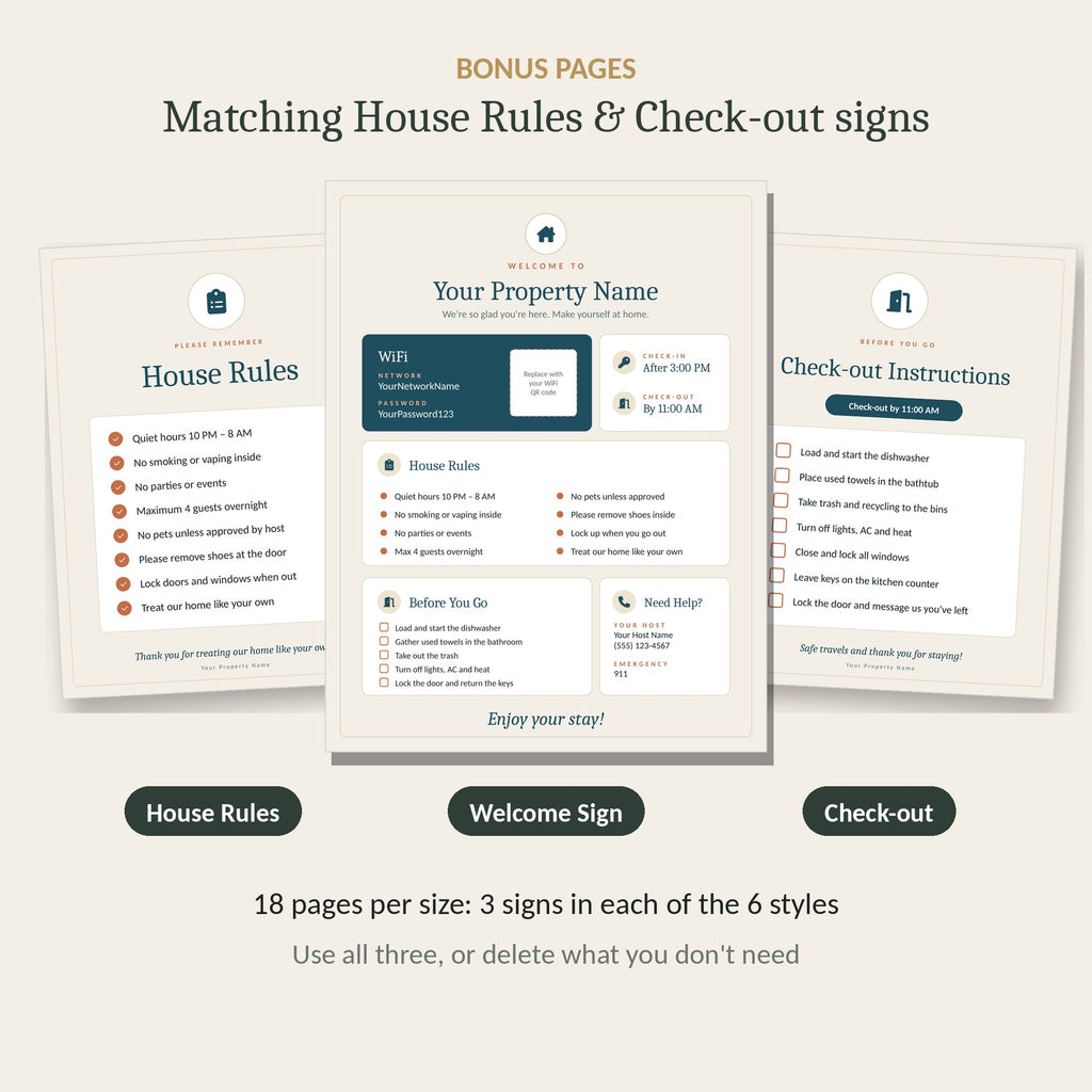 Bonus Airbnb house rules sign and check-out instructions sign