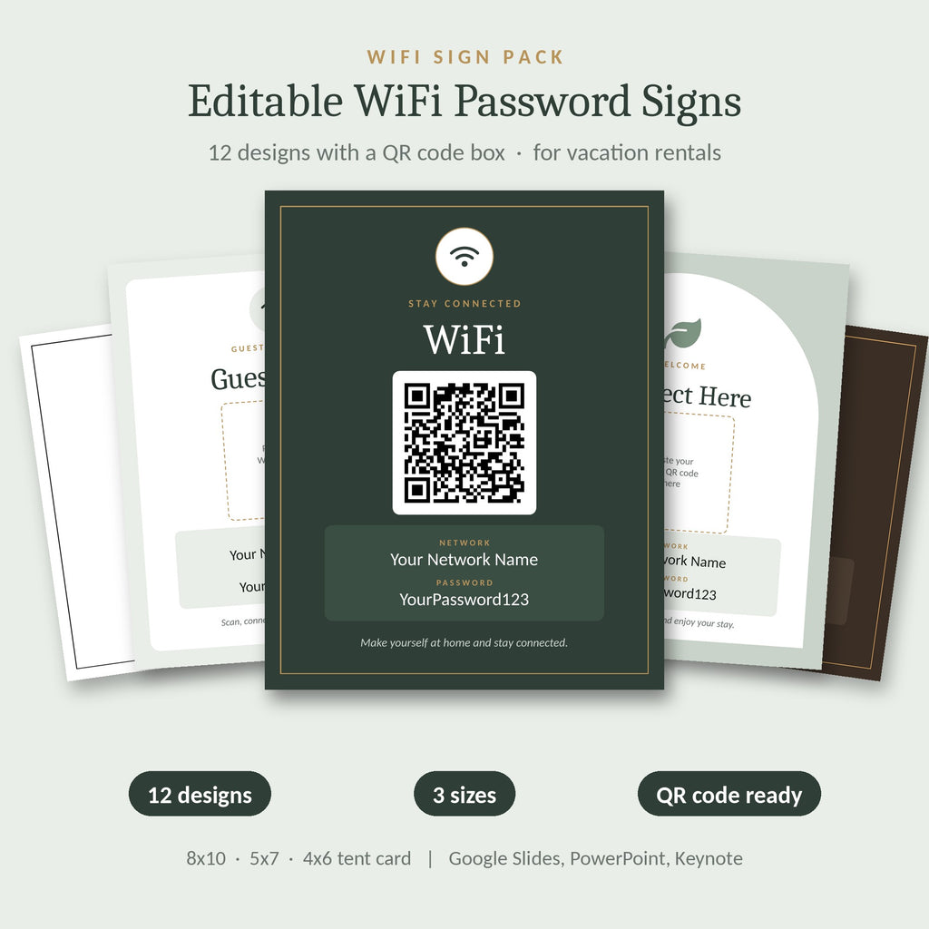 Airbnb WiFi sign with QR code – 12 editable WiFi password sign templates