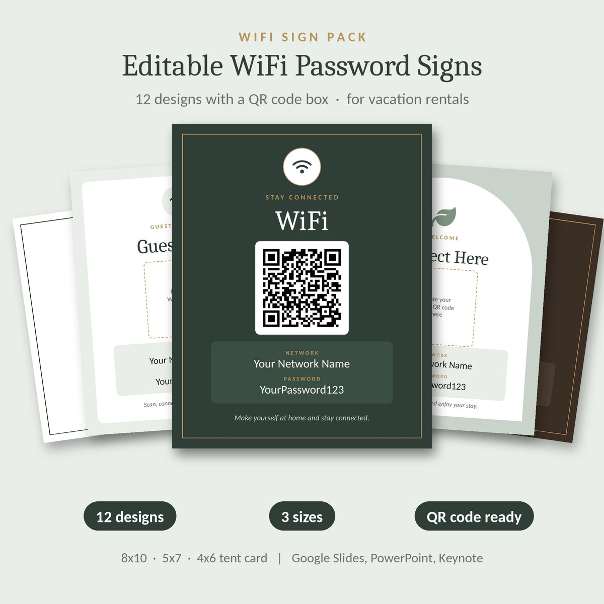 Airbnb WiFi sign with QR code – 12 editable WiFi password sign templates