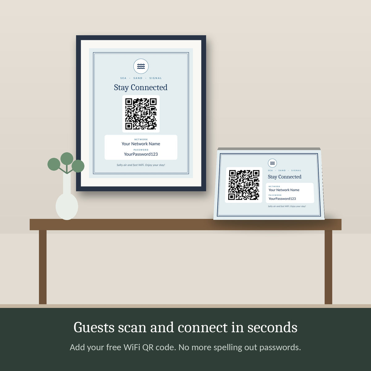 Guest WiFi sign with scan to connect QR code in a rental
